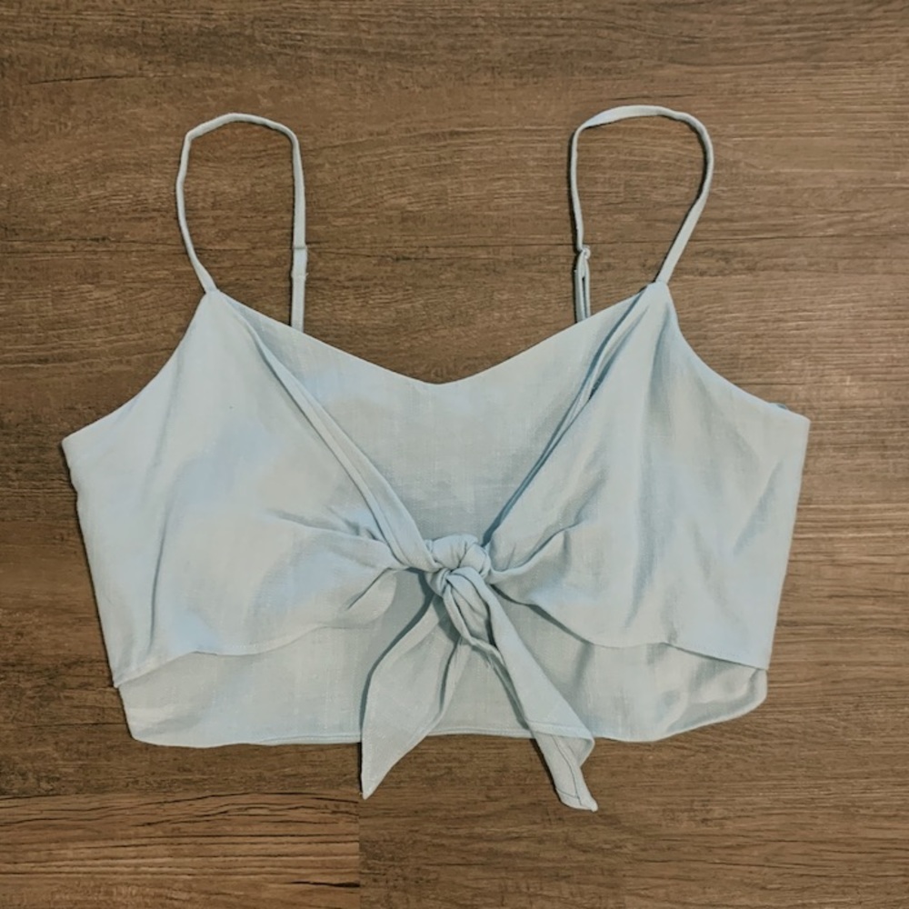 Blue cropped tie front tank top